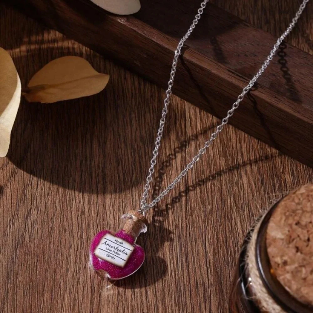 Ladies pink silver amortentia love potion necklace adjustable size casual